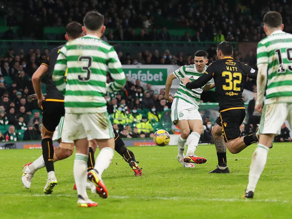 Tom Rogic (centre) scores for Celtic against Motherwell. Picture: Ian MacNicol/Getty Images