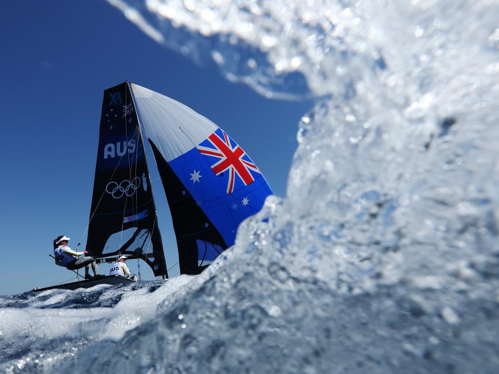 Olivia Price and Evie Haseldine took to the waters in style during the Paris 2024 Olympics, showing off their sailing prowess in the Women’s Skiff class at Marseille Marina. Picture: Getty