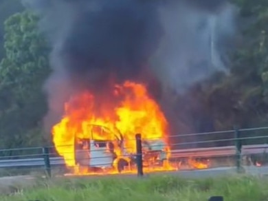 The Queensland Fire Department was called to a car fire on the M1 southbound at Currumbin at 6.24am on Monday. Photo: Jackson Kilpatrick/Facebook