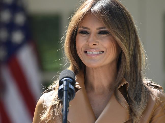 FILE - In this May 7, 2018 file photo, First lady Melania Trump speaks on her initiatives during an event in the Rose Garden of the White House in Washington. President Donald Trump says Melania is â€œdoing greatâ€ nearly two weeks after a medical procedure to treat a kidney condition. Trump answered a reporterâ€™s question about the first lady as he departed the White House on May 25, for a trip to the U.S. Naval Academy graduation in Annapolis, Md. (AP Photo/Susan Walsh, File)