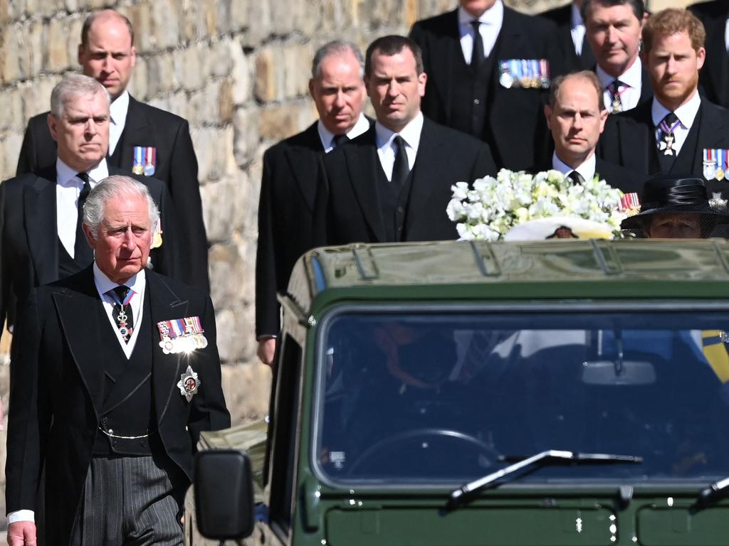 Prince Charles looks ahead to his father’s coffin. Picture: Leon Neal/AFP