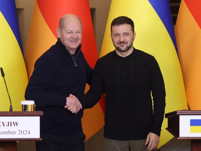 German Chancellor Olaf Scholz and Ukrainian President Volodymyr Zelenskyy in Saint Sophia Cathedral in Kyiv. Picture: AFP