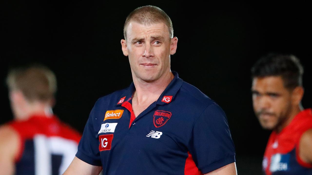 MELBOURNE, AUSTRALIA - MARCH 08: Simon Goodwin, coach of the Demons speaks to his team during a quarter time break during the JLT Community Series AFL match between the Melbourne Demons and the St Kilda Saints at Casey Fields on March 8, 2018 in Melbourne, Australia. (Photo by Scott Barbour/Getty Images)