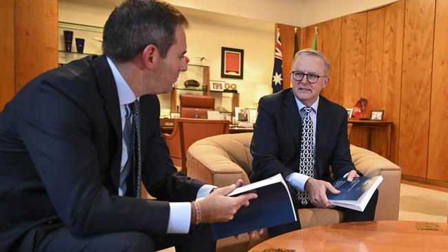 Prime Minister Anthony Albanese, Treasurer Jim Chalmers and Finance Minister Katy Gallagher in the PM's office at Parliament House in Canberra.. Picture: NCA NewsWire / Martin Ollman