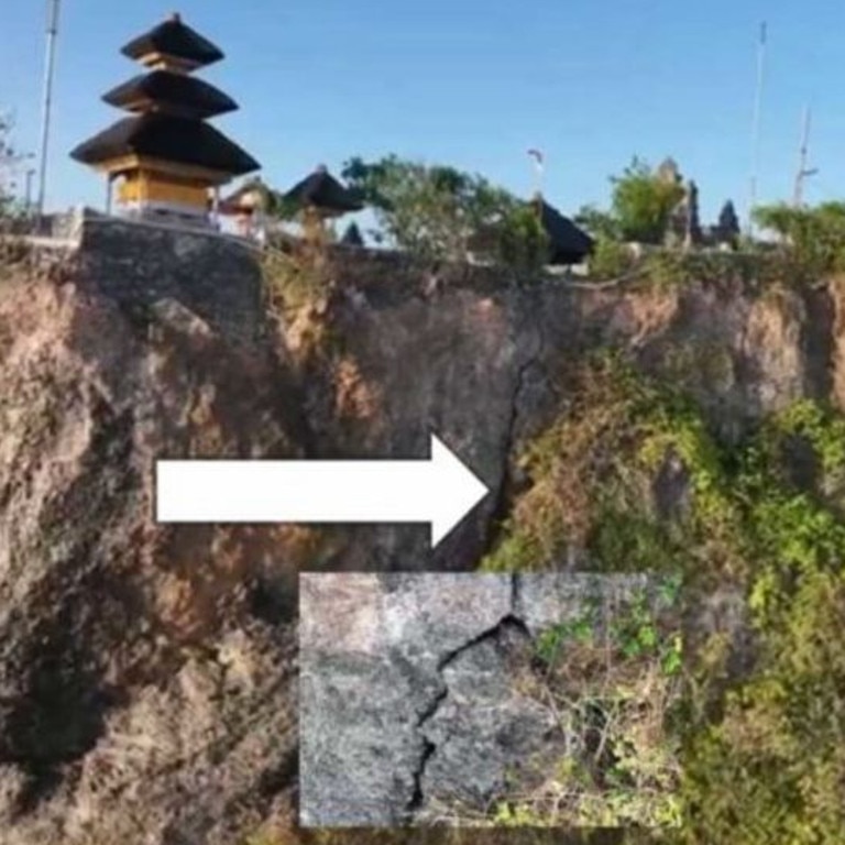 The new coastal road and 25-metre seawall is to address a crack along the southern cliff face on which the temple is perched. Picture: Instagram/piterpanjaitan