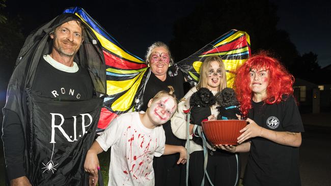 The Ryan family of (from left) Joe, Harry, Mandy, Georgia (holding Coco and Ruby) and Lachlan Ryan on Halloween trick or treating in Wilsonton, Sunday, October 31, 2021. Picture: Kevin Farmer