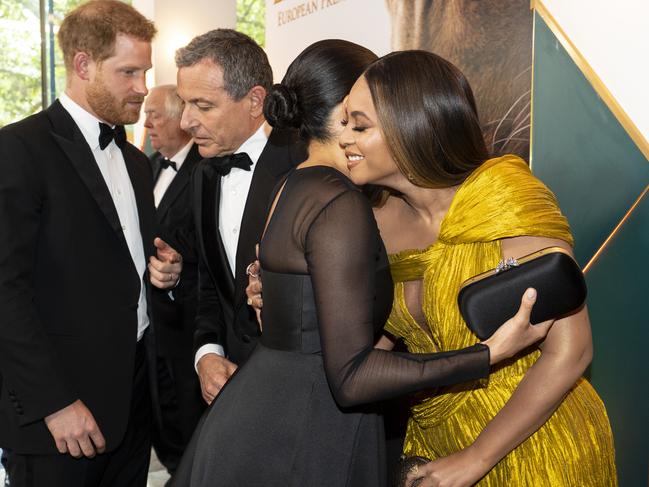 The Duchess and Beyonce shared a hug at The Lion King premiere last year. Picture: Getty Images