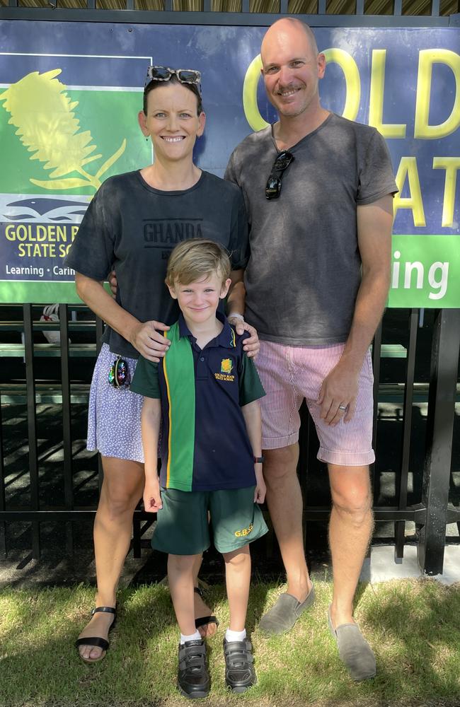 Natalie, Eddie, and Raymond on Eddie's on first day of school at Golden Beach State School. Picture: Iwan Jones