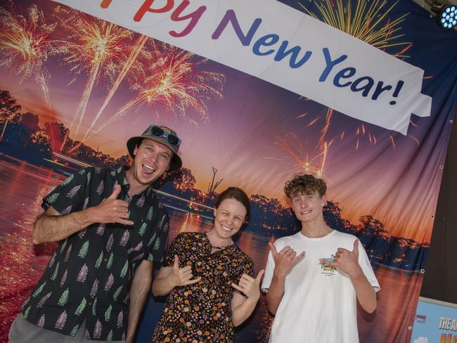 Tristan Gange, Ali Cupper and Will Hogan rocking out on the stage at Nowingi Place in Mildura for NYE. Picture: Noel Fisher