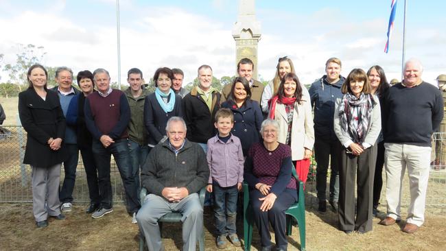 some descendants of Allan Marlow at the Mologa war memorial on Anzac Day 2015.