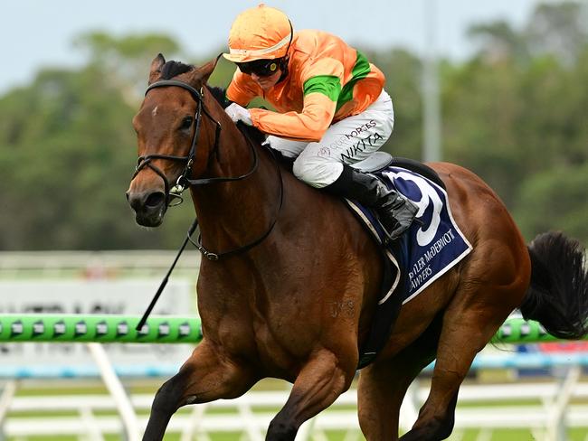 Nikita Beriman scoots home on Shalaa's Moment to win the Swiss Ace Plate for trainer Matt Hoysted. Picture: Grant Peters - Trackside Photography