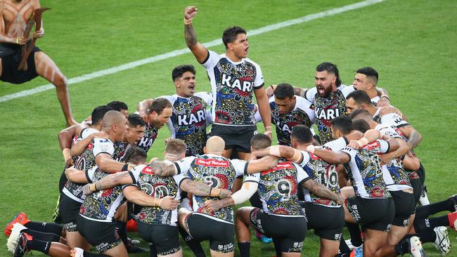 MELBOURNE, AUSTRALIA - FEBRUARY 15: James Roberts of Indigenous Man's All Stars is seen performing the Warcry dance prior to the NRL exhibition match between the Indigenous All Stars and the Maori All Stars at AAMI Park on February 15, 2019 in Melbourne, Australia. (Photo by Mike Owen/Getty Images)