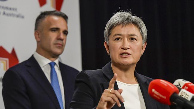 Foreign Minister Penny Wong and Premier Peter Malinauskas at a press conference in Adelaide.Picture: NCA NewsWire / Roy VanDerVegt