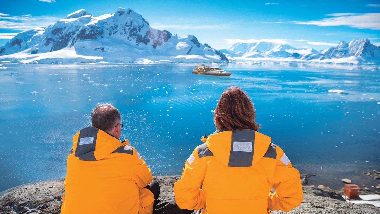 Quark Expeditions ship Ultramarine pictured in Paradise Harbour, Antarctica. Picture: Acacia Johnson