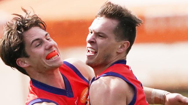 Shannen Lange (right) celebrates a goal for Port Melbourne in 2019.