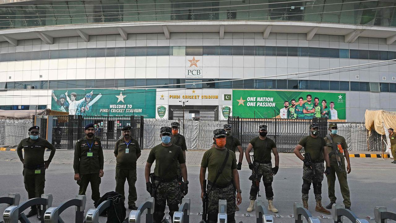 Policemen stand guard outside the Rawalpindi Cricket Stadium in Pakistan. Picture: Aamir Qureshi/AFP