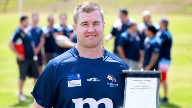 Rouse Hill Renegades club captain Stuart McKenzie with the Indianna Challenge Trophy. Picture: Angelo Velardo