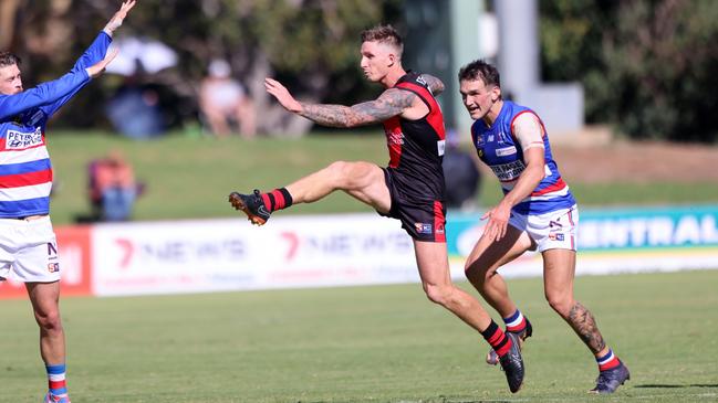 Former Port Adelaide AFL utility Hamish Hartlett launches West Adelaide into attack against Central District. Picture: Cory Sutton/SANFL