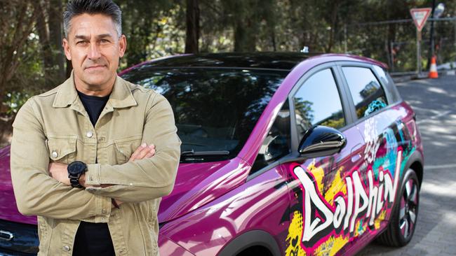 11/07/23. Network News. News.Macquarie Park, Sydney, NSW, Australia.Portraits of Jamie Durie (brand ambassador) with a new BYD electric car shot at Macquarie Park.The new breed of sub-$40,000 electric cars are available to order but not on the road yet.Picture: Julian Andrews