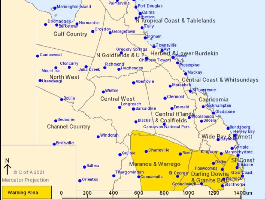 The Bureau of Meteorology has this morning again issued a severe weather warning for heavy rainfall for people in Maranoa and Warrego, Darling Downs and Granite Belt, Southeast Coast and parts of Central West and Wide Bay and Burnett with a rainband predicted to bring heavy rainfall to southern and southeast Queensland today and tonight. Picture: BOM