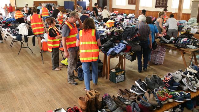 The Lucknow Memorial hall outside of Bairnsdale is full of donated clothes, food and toys from the community for victims of the Gippsland bushfires. Picture: David Crosling