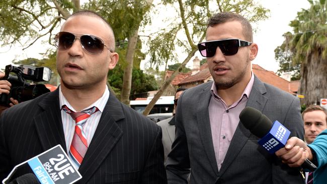 Adam Houda and NRL star Blake Ferguson outside court in 2013. Picture: Dan Himbrechts