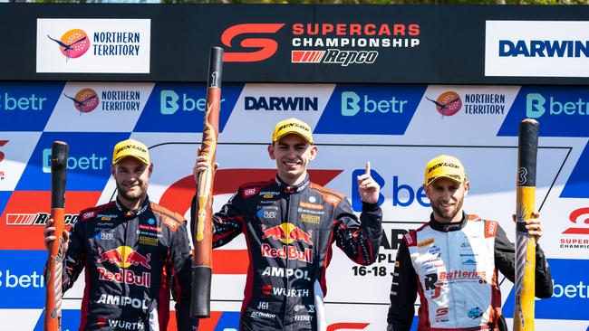 Broc Feeney after winning the first race of Darwin’s triple crown ahead of Shane van Gisbergen and Andre Heimgartner. Picture: Daniel Kalisz/Getty