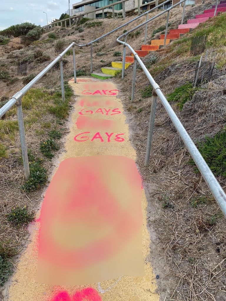 Horrific graffiti has appeared on the steps down to Aldinga Beach. Picture: Facebook