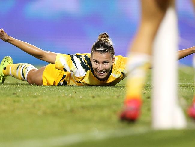 Matildas star Steph Catley celebrates a goal in the 7-0 win over Chinese Taipei on Friday. Picture: Getty