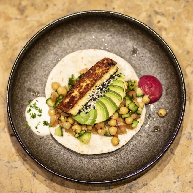 Imago’s Breakfast Taco which includes a small flour tortilla topped with a tomato and cucumber salad, chickpeas and golden, fried halloumi. Picture Eddie Safarik