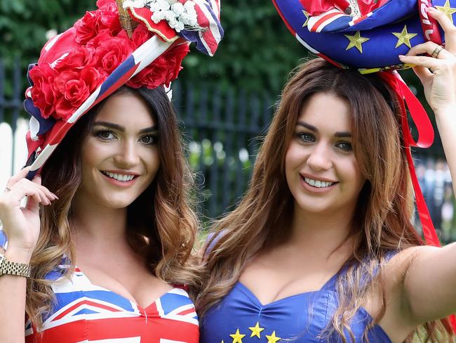 ASCOT, ENGLAND - JUNE 14:  A woman in a 'Brexit vote' themed hat arrives at Royal Ascot 2016 at Ascot Racecourse on June 14, 2016 in Ascot, England.  (Photo by Chris Jackson/Getty Images)