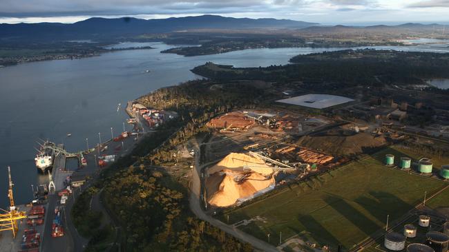 Aerials of the Tamar Valley in Northern Tasmania, site of the proposed Gunns pulp mill: The heavy industrial area of Bell Bay, near where the pulp mill would be constructed and showing a rival woodchip mill. Behind is George Town and the mouth of the Tamar River.