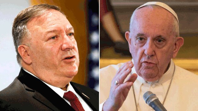 US secretary of state, Mike Pompeo, left, and Pope Francis. Pictures: AFP