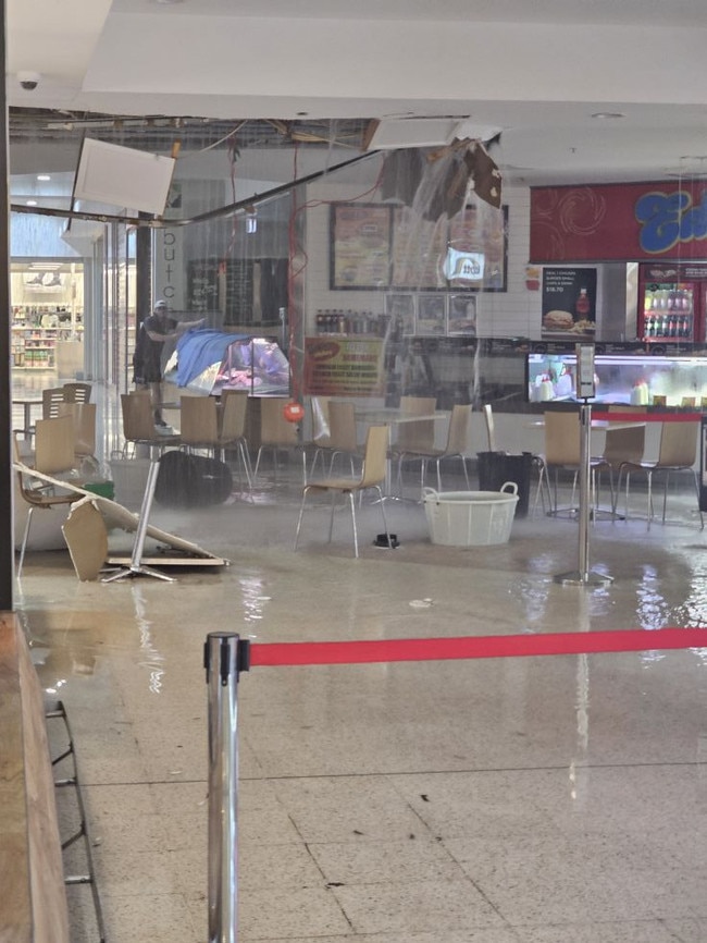 In Taree the Manning Mall ceiling collapsed under the weight of water. More than 50mm fell in 30 minutes. Picture: Crystal GemCriddle via Taree Community Noticeboard/Facebook