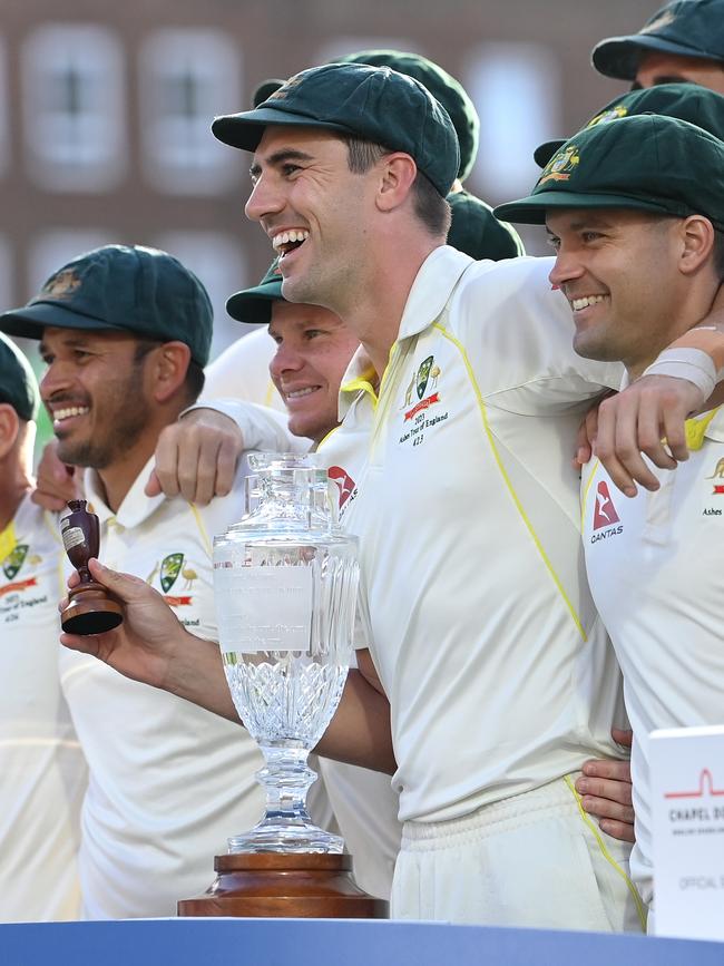 Pat Cummins holds the Ashes urn after the 2-2 draw. Picture: Getty Images.