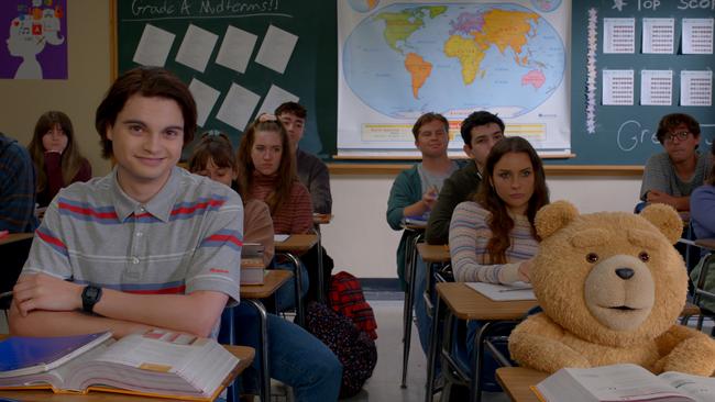 Max Burkholder as John, Seth Macfarlane as voice of Ted in the new Binge TV series Ted.