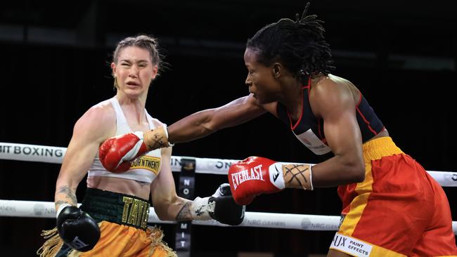 SYDNEY, AUSTRALIA - JULY 26: Millicent Agboegbulen throws a punch during the Super welterweight bout between Tayla Harris and Millicent Agboegbulen at Hoops Capital East on July 26, 2023 in Sydney, Australia. (Photo by Mark Evans/Getty Images)