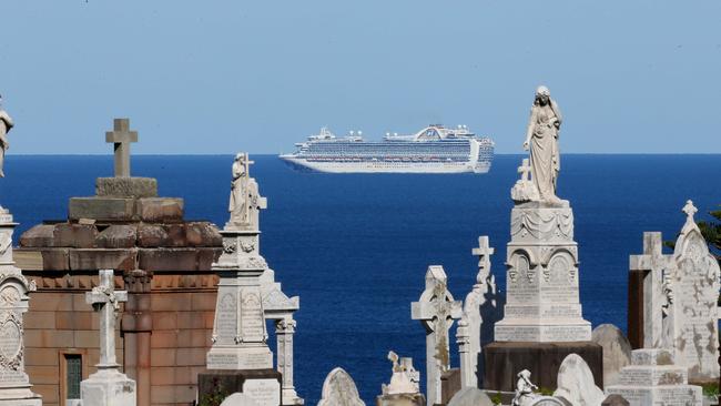 The Ruby Princess waits at sea off Waverley Cemetery in eastern Sydney. Picture: Matrix Media