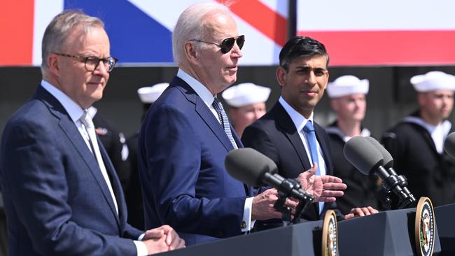 Australian Prime Minister Anthony Albanese (L), US President Joe Biden (C) and British Prime Minister Rishi Sunak (R) announce AUKUS nuclear submarine deal in San Diego on March 13. Picture: Leon Neal/Getty Images