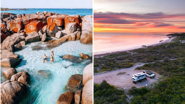 Bay of Fires, TAS and Sandy Cape Campground, WA. Image: @bayoffirestasmania and @exploreoz_withus