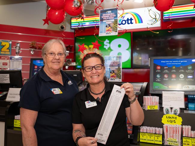 Kathleen Rob and Store manager Kelly Moran celebrate selling Saturday's Division 1 jackpot ticket. Picture Emily Barker.