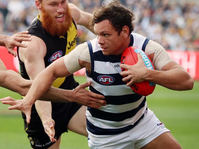 Richmond vs. Geelong at Simmonds Stadium in Geelong. Round 21 AFL.Geelong's Steven Motlop chased by Bachar Houli.  Picture: Alex Coppel.