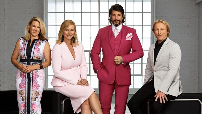 House Rules judges Wendy Moore, Llewelyn-Bowen and Drew Heath, with host Joh Griggs (in pink) ahead of the 2018 season on Channel 7. Picture: Supplied/Seven.