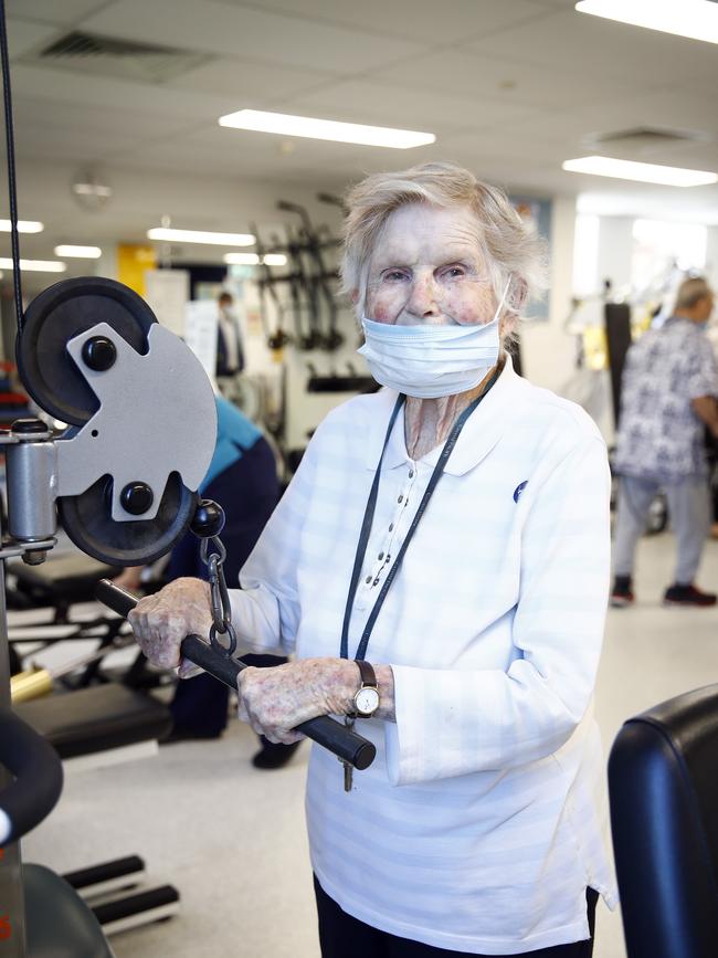 Nola Harris, 104, doing her weight training. Picture: Sam Ruttyn