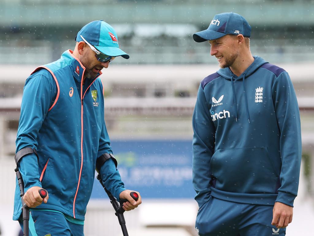 Nathan Lyon resorted to using crutches after his efforts at the crease in Australia’s second innings. Picture: Ryan Pierse/Getty Images