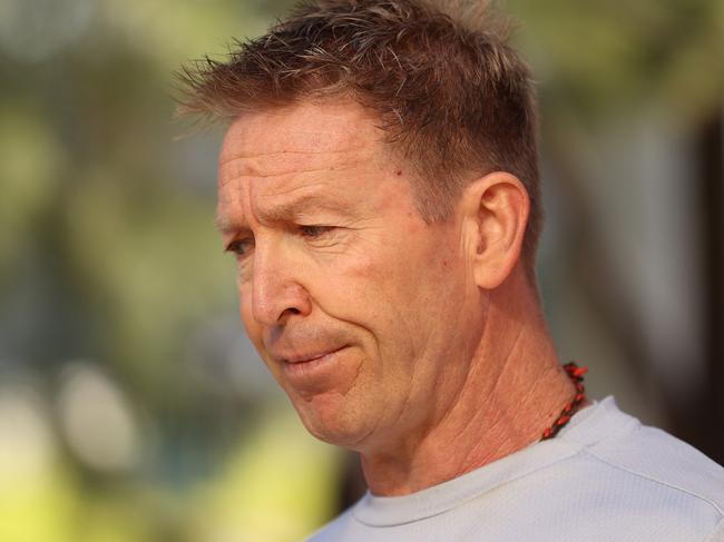 MELBOURNE, AUSTRALIA - JULY 06: Kangaroos coach, David Noble speaks to the media during a North Melbourne Kangaroos AFL training session at Arden Street Ground on July 06, 2022 in Melbourne, Australia. (Photo by Robert Cianflone/Getty Images)