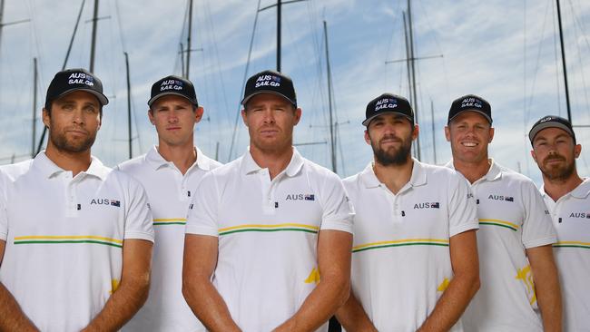 Australia's SailGP team of (L-R) Grinder Ky Hurst, Wing Trimmer Kyle Langford, Helmsman Tom Slingsby, Flight Controller and Tactician Jason Waterhouse, Grinder Sam Newton and Flight Controller/Grinder Kinley Fowler.