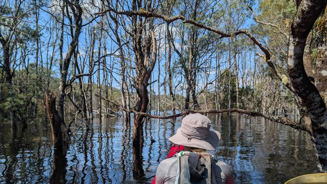 Nelly Brett paddling on Lake Burbury. Nelly Brett completed all 158 Tasmanian Abel mountains at age 17 years 11 months and 4 days old over an almost 10 year period. Picture: Gavin Brett