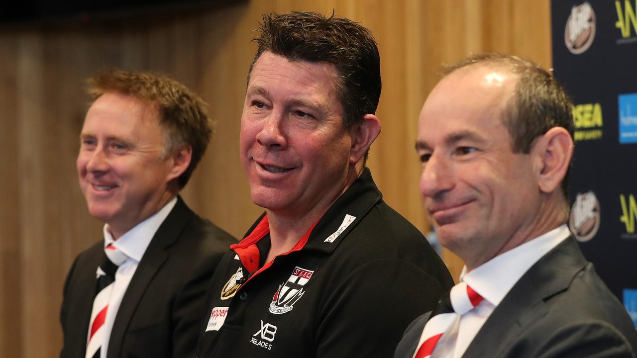 St Kilda coach Brett Ratten with CEO Matt Finnis and St Kilda president Andrew Bassat. Picture: Michael Klein