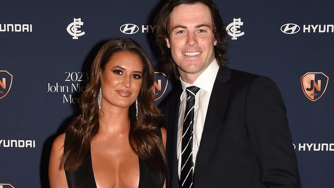 Carlton Football Club award the best and fairest player for the 2023 season at the John Nicholls Medal. Red carpet arrivals at Crown Palladium. (L-R) Kenyah Hura and Lachie Plowman. Picture: Josie Hayden